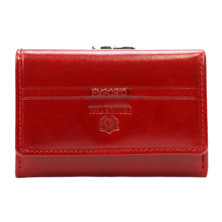 Damski skórzany portfel Emporio Valentini 563 P5 w kolorze czerwony - Widok z przodu na tłoczone logo oraz eleganckie przeszycia
