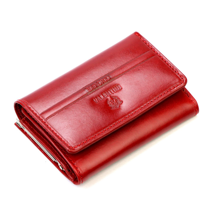 Damski skórzany portfel Emporio Valentini 563 P5 w kolorze czerwony - Zamknięty portfel z widocznym tłoczonym logo i eleganckimi przeszyciami