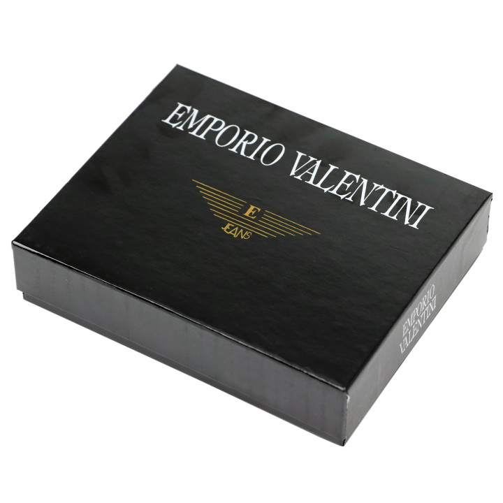 Damski skórzany portfel Emporio Valentini 563 P5 w kolorze czerwony - Eleganckie czarne pudełko z białym i złotym logotypem producenta
