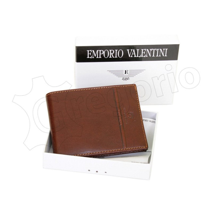 Męski skórzany portfel Emporio Valentini 563 261 w kolorze brązowy - Brązowy portfel ułożony w oryginalnym, białym pudełku z logo