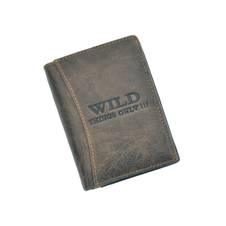 Męski skórzany portfel Wild Things Only 5500/5352 - Front z tłoczonym logo, jasnymi przeszyciami i naturalną fakturą skóry
