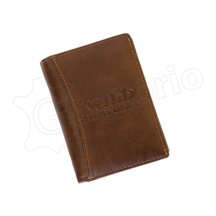 Męski skórzany portfel Wild Things Only 5500/5352 - Brązowy front z tłoczonym logo i jasnymi przeszyciami nicią