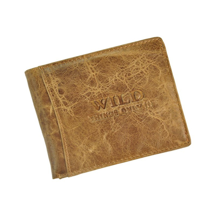 Męski skórzany portfel Wild Things Only 5501 - Frontowa strona z tłoczonym logo na tle przecieranej skóry