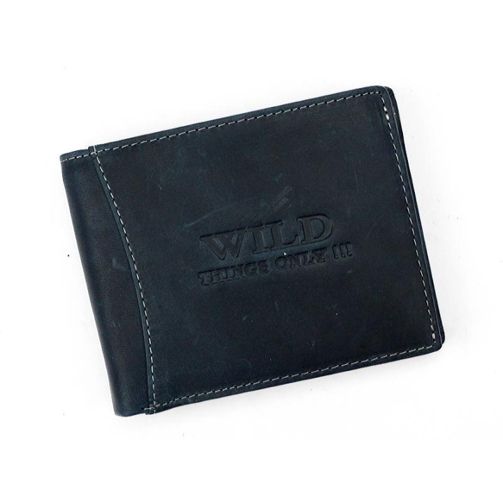 Męski skórzany portfel Wild Things Only 5501 - Front portfela z tłoczonym logo i jasnymi przeszyciami nicią