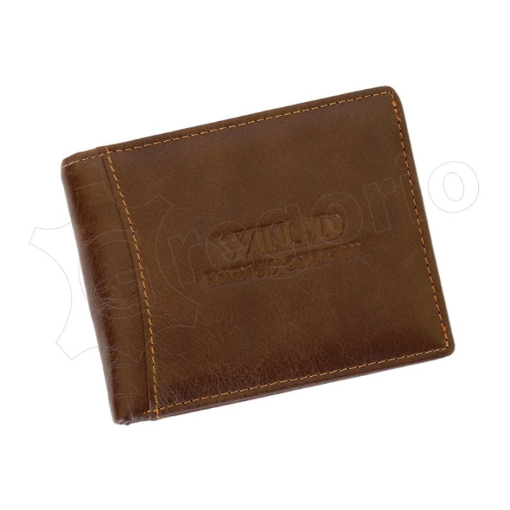 Męski skórzany portfel Wild Things Only 5501 - Brązowy front z tłoczonym logo i jasnymi przeszyciami nicią