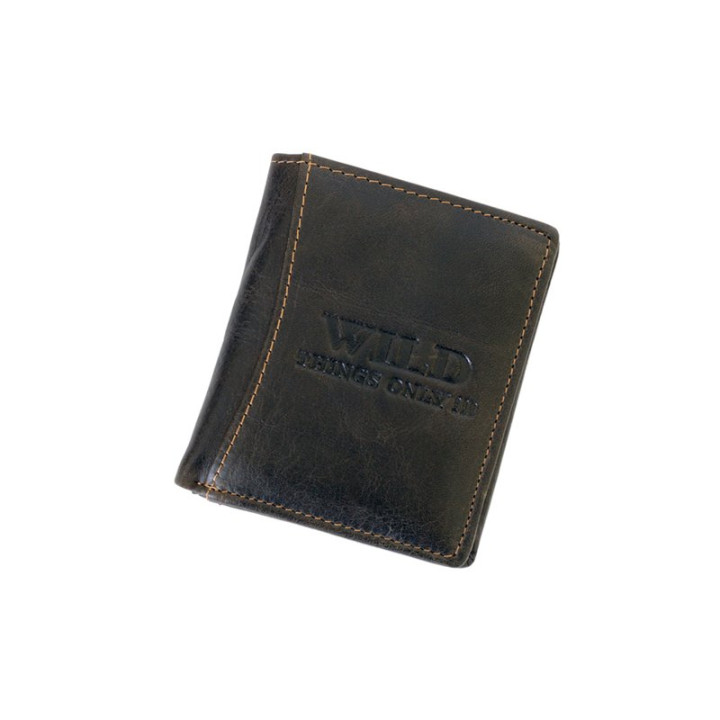 Męski skórzany portfel Wild Things Only 5505 w kolorze ciemny brąz - Zamknięty front z tłoczonym logo i jasnymi przeszyciami nicią