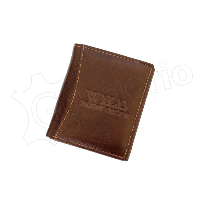 Męski skórzany portfel Wild Things Only 5505 - Zamknięty brązowy portfel z tłoczonym logo i jasnymi przeszyciami