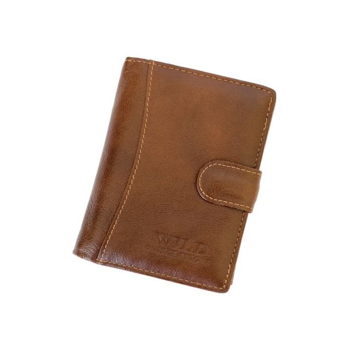 Męski skórzany portfel Wild Things Only 5502 - Zamknięty brązowy portfel z widocznym zapięciem i tłoczonym logo