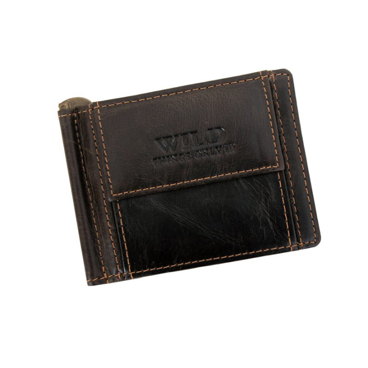 Męski skórzany portfel Wild Things Only 5516 w kolorze ciemny brąz - Front portfela z tłoczonym logo i jasnymi przeszyciami nicią